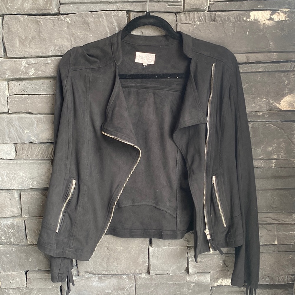 WOMENS BLACK SUEDE JACKET WITH FRINGE DETAIL SIZE:L
